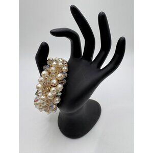 Cha Cha Faux Pearl Crystal Accordion Stretch Bracelet Gold Tone Vintage